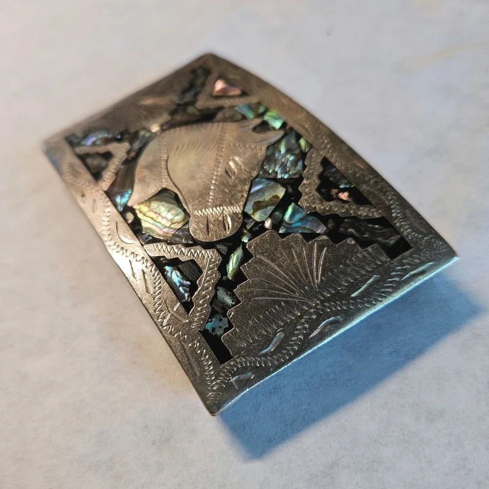 Vintage Alpaca Mexico Horse Head Abalone Shell Inlay Silver Tone Belt Buckle